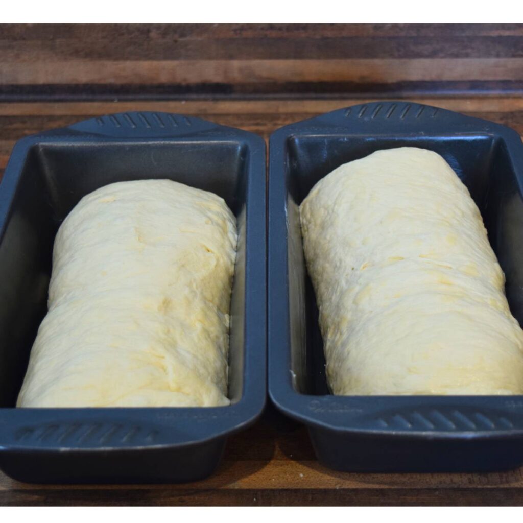 Super Simple Homemade White Bread in baking pans for second rise.